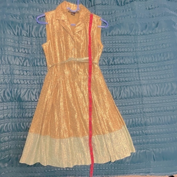 Duro Olowu Gold and Seafoam Green Sparkling Belted Sleeveless Dress Size-2 - Picture 5 of 10